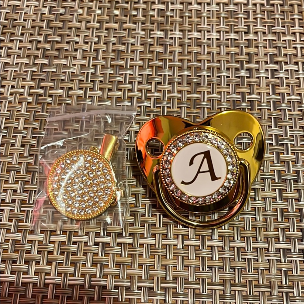 Gold Rhinestone Pacifier with Clip